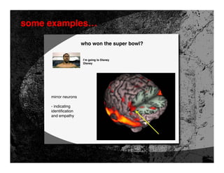 some examples…

                      who won the super bowl?


                      I’m going to Disney
                      Disney




     mirror neurons

     - indicating
     identification
     and empathy
 