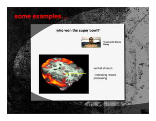 some examples…

           who won the super bowl?


                                     I’m going to Disney
                                     Disney




                              ventral striatum

                              - indicating reward
                              processing
 