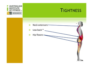 TIGHTNESS
Neck extensors
Low back *
Hip flexors
 