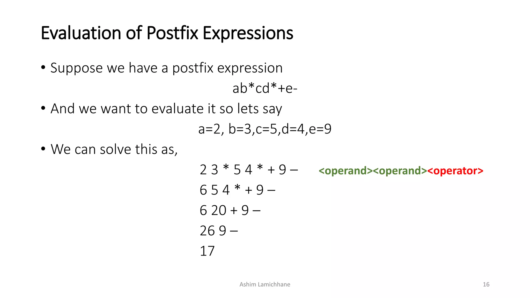 Evaluation of Postfix Expressions
• Suppose we have a postfix expression
ab*cd*+e-
• And we want to evaluate it so lets say
a=2, b=3,c=5,d=4,e=9
• We can solve this as,
2 3 * 5 4 * + 9 – <operand><operand><operator>
6 5 4 * + 9 –
6 20 + 9 –
26 9 –
17
Ashim Lamichhane 16
 