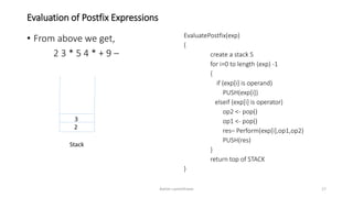 Evaluation of Postfix Expressions
• From above we get,
2 3 * 5 4 * + 9 –
Stack
EvaluatePostfix(exp)
{
create a stack S
for i=0 to length (exp) -1
{
if (exp[i] is operand)
PUSH(exp[i])
elseif (exp[i] is operator)
op2 <- pop()
op1 <- pop()
res– Perform(exp[i],op1,op2)
PUSH(res)
}
return top of STACK
}
2
3
Ashim Lamichhane 17
 
