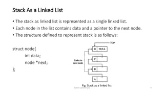 Stack As a Linked List
• The stack as linked list is represented as a single linked list.
• Each node in the list contains data and a pointer to the next node.
• The structure defined to represent stack is as follows:
struct node{
int data;
node *next;
};
Fig. Stack as a linked list
Ashim Lamichhane 9
 