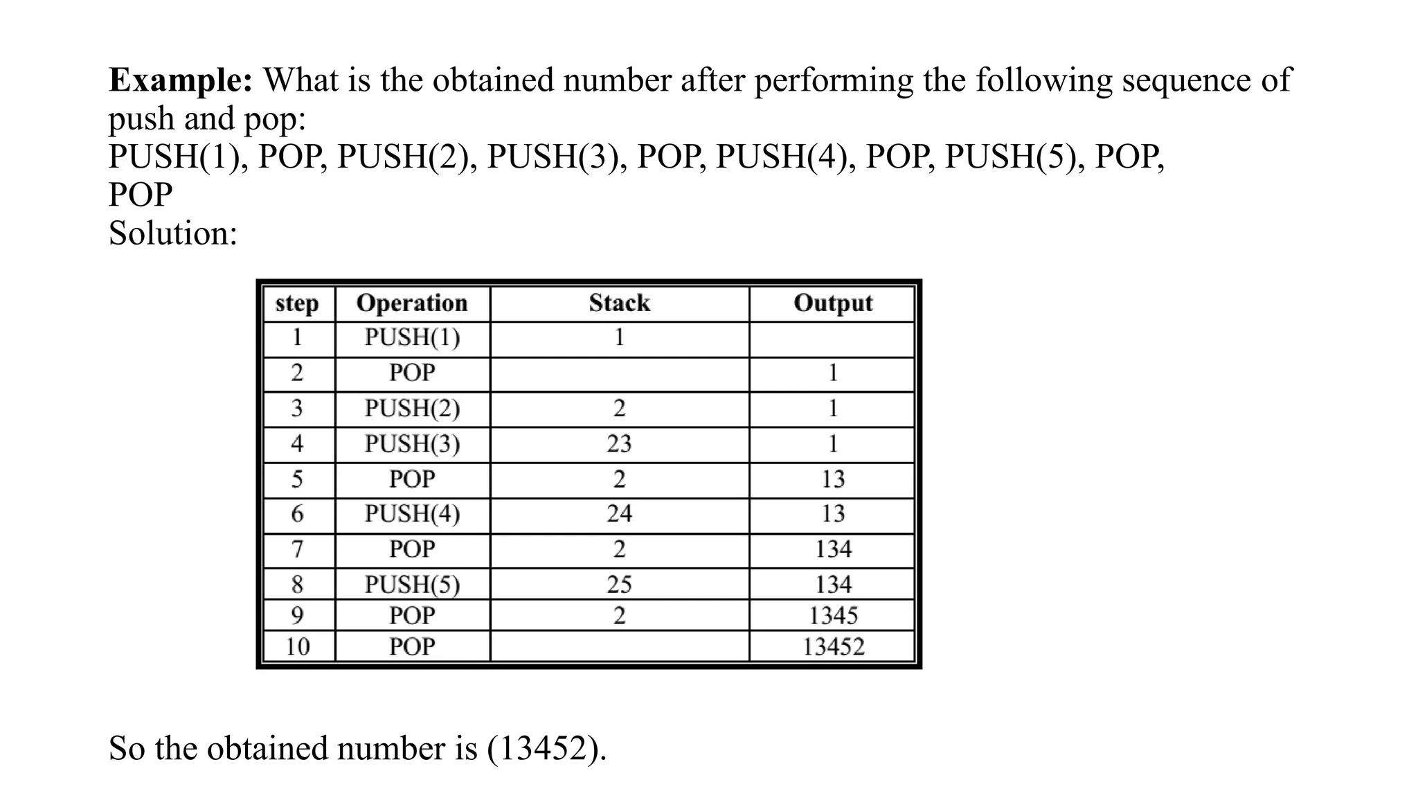 Example: What is the obtained number after performing the following sequence of
push and pop:
PUSH(1), POP, PUSH(2), PUSH(3), POP, PUSH(4), POP, PUSH(5), POP,
POP
Solution:
So the obtained number is (13452).
 