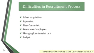  Talent Acquisition.
 Expensive.
 Time Constraint.
 Retention of employees.
 Managing low abrasion rate.
 Budget.
STAFFING FUNCTION/ST MARY UNIVERSITY/13-04-2014
24
Difficulties in Recruitment Process
 