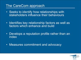 The CareCom approach Seeks to identify how relationships with stakeholders influence their behaviours Identifies key relationship factors as well as factors which enhance and build Develops a reputation profile rather than an index Measures commitment and advocacy 
