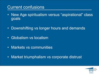 Current confusions New Age spiritualism versus “aspirational” class goals Downshifting vs longer hours and demands Globalism vs localism Markets vs communities Market triumphalism vs corporate distrust  