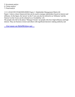 5. Investment analyst
6. Claims analyst
7. Fraud analyst
1.2.2. ANALYZE STAKEHOLDERS Figure 1: Stakeholder Management Matrix [4]
Figure 1 shows a basic framework that can be used to manage stakeholders based on interest and
influence. In the figure, the 'power' on the Y axis can also be referred to as 'Influence' and the
'Interest' on the X axis can be referred to as 'Availability'. [5]
The people who fall in the phase "Manage Closely" are people who have high influence and high
interest. They are business owners and others with significant decision–making authority and
... Get more on HelpWriting.net ...
 