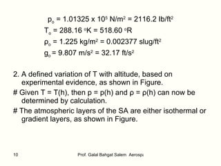 p o  = 1.01325 x 10 5  N/m 2  = 2116.2 Ib/ft 2 T o  = 288.16  o K = 518.60  o R ρ o  = 1.225 kg/m 2  = 0.002377 slug/ft 2 g o  = 9.807 m/s 2  = 32.17 ft/s 2 2. A defined variation of T with altitude, based on experimental evidence, as shown in Figure. # Given T = T(h), then p = p(h) and  ρ  =  ρ (h) can now be determined by calculation. # The atmospheric layers of the SA are either isothermal or gradient layers, as shown in Figure. 
