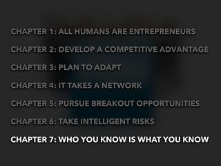CHAPTER 1: ALL HUMANS ARE ENTREPRENEURS

CHAPTER 2: DEVELOP A COMPETITIVE ADVANTAGE

CHAPTER 3: PLAN TO ADAPT

CHAPTER 4: IT TAKES A NETWORK

CHAPTER 5: PURSUE BREAKOUT OPPORTUNITIES

CHAPTER 6: TAKE INTELLIGENT RISKS

CHAPTER 7: WHO YOU KNOW IS WHAT YOU KNOW
 