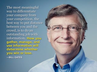 The most meaningful
way to differentiate
your company from
your competition, the
best way to put distance
between you and the
crowd, is to do an
outstanding job with
information. How you
gather, manage, and
use information will
determine whether
you win or lose.
—BILL GATES
 