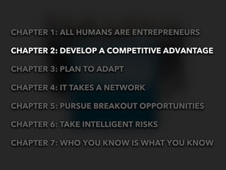 CHAPTER 1: ALL HUMANS ARE ENTREPRENEURS

CHAPTER 2: DEVELOP A COMPETITIVE ADVANTAGE

CHAPTER 3: PLAN TO ADAPT

CHAPTER 4: IT TAKES A NETWORK

CHAPTER 5: PURSUE BREAKOUT OPPORTUNITIES

CHAPTER 6: TAKE INTELLIGENT RISKS

CHAPTER 7: WHO YOU KNOW IS WHAT YOU KNOW
 