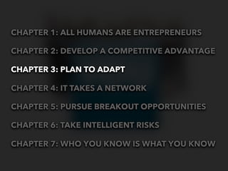 CHAPTER 1: ALL HUMANS ARE ENTREPRENEURS

CHAPTER 2: DEVELOP A COMPETITIVE ADVANTAGE

CHAPTER 3: PLAN TO ADAPT

CHAPTER 4: IT TAKES A NETWORK

CHAPTER 5: PURSUE BREAKOUT OPPORTUNITIES

CHAPTER 6: TAKE INTELLIGENT RISKS

CHAPTER 7: WHO YOU KNOW IS WHAT YOU KNOW
 
