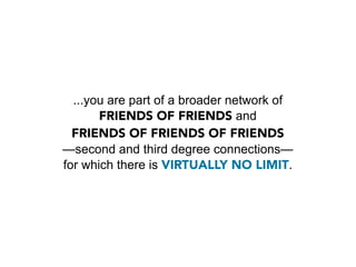 ...you are part of a broader network of
       FRIENDS OF FRIENDS and
  FRIENDS OF FRIENDS OF FRIENDS
—second and third degree connections—
for which there is VIRTUALLY NO LIMIT.
 