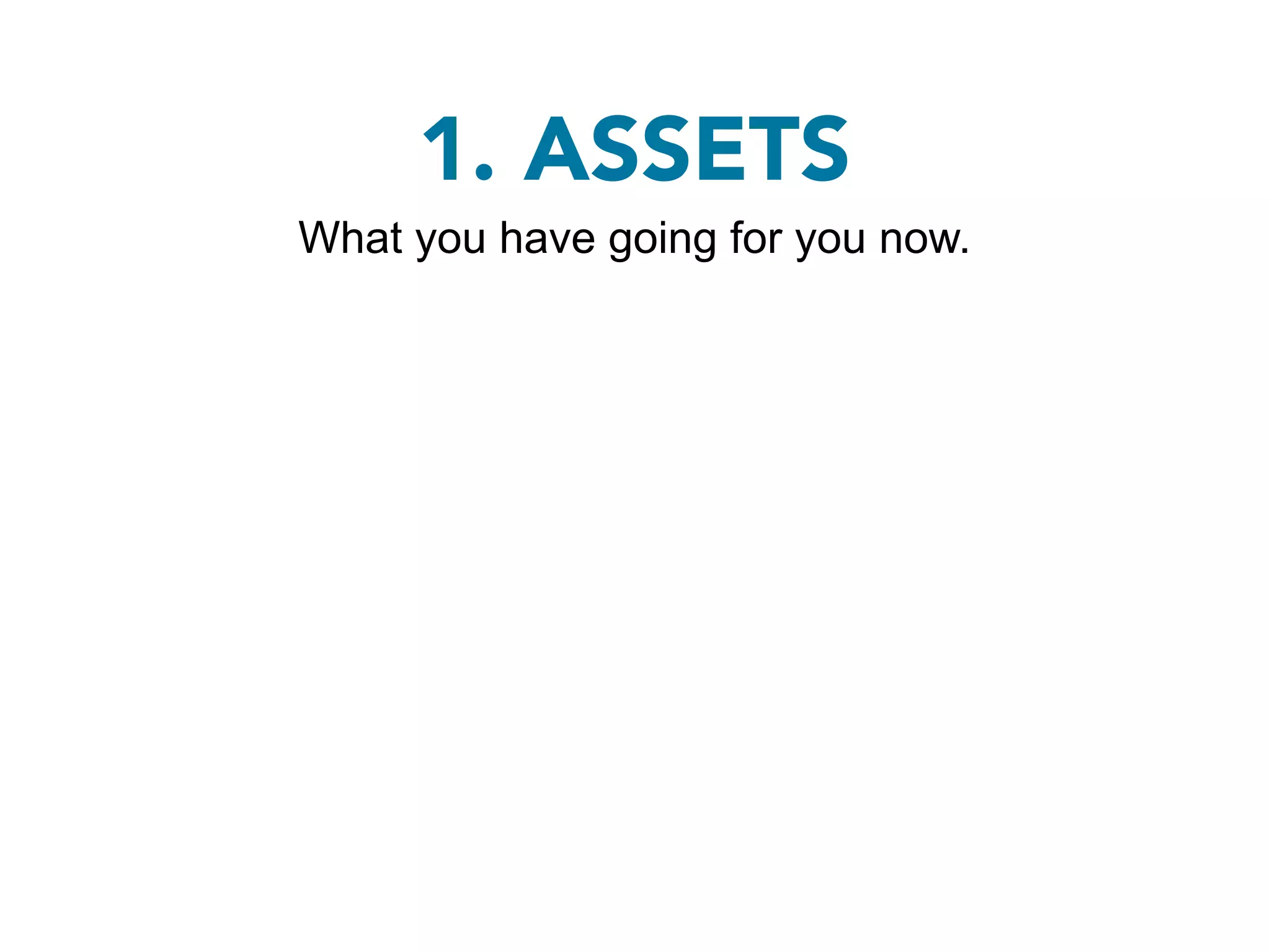 1. ASSETS
What you have going for you now.
 