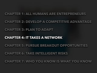 CHAPTER 1: ALL HUMANS ARE ENTREPRENEURS

CHAPTER 2: DEVELOP A COMPETITIVE ADVANTAGE

CHAPTER 3: PLAN TO ADAPT

CHAPTER 4: IT TAKES A NETWORK

CHAPTER 5: PURSUE BREAKOUT OPPORTUNITIES

CHAPTER 6: TAKE INTELLIGENT RISKS

CHAPTER 7: WHO YOU KNOW IS WHAT YOU KNOW
 