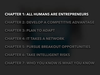 CHAPTER 1: ALL HUMANS ARE ENTREPRENEURS

CHAPTER 2: DEVELOP A COMPETITIVE ADVANTAGE

CHAPTER 3: PLAN TO ADAPT

CHAPTER 4: ...