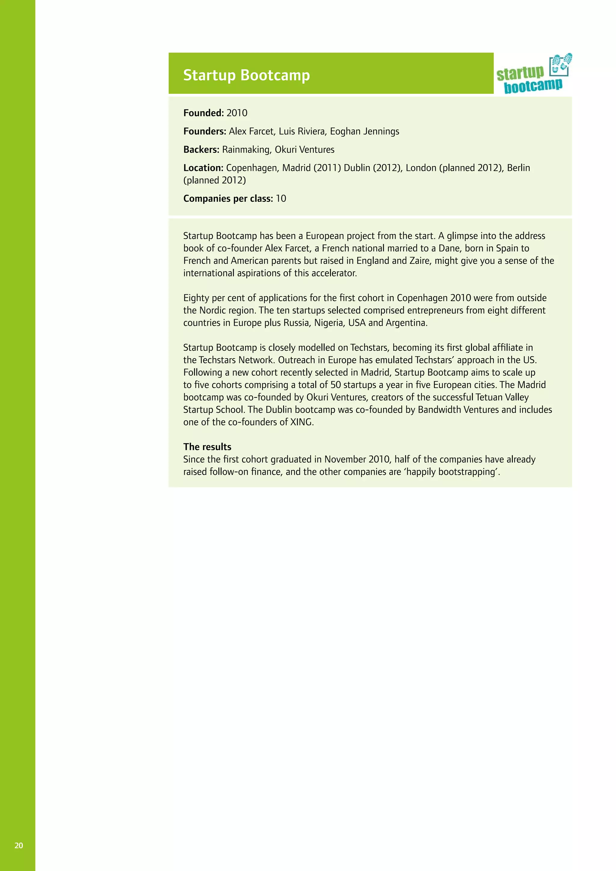 20
Startup Bootcamp
Founded: 2010
Founders: Alex Farcet, Luis Riviera, Eoghan Jennings
Backers: Rainmaking, Okuri Ventures
Location: Copenhagen, Madrid (2011) Dublin (2012), London (planned 2012), Berlin
(planned 2012)
Companies per class: 10
Startup Bootcamp has been a European project from the start. A glimpse into the address
book of co-founder Alex Farcet, a French national married to a Dane, born in Spain to
French and American parents but raised in England and Zaire, might give you a sense of the
international aspirations of this accelerator.
Eighty per cent of applications for the first cohort in Copenhagen 2010 were from outside
the Nordic region. The ten startups selected comprised entrepreneurs from eight different
countries in Europe plus Russia, Nigeria, USA and Argentina.
Startup Bootcamp is closely modelled on Techstars, becoming its first global affiliate in
the Techstars Network. Outreach in Europe has emulated Techstars’ approach in the US.
Following a new cohort recently selected in Madrid, Startup Bootcamp aims to scale up
to five cohorts comprising a total of 50 startups a year in five European cities. The Madrid
bootcamp was co-founded by Okuri Ventures, creators of the successful Tetuan Valley
Startup School. The Dublin bootcamp was co-founded by Bandwidth Ventures and includes
one of the co-founders of XING.
The results
Since the first cohort graduated in November 2010, half of the companies have already
raised follow-on finance, and the other companies are ‘happily bootstrapping’.
 