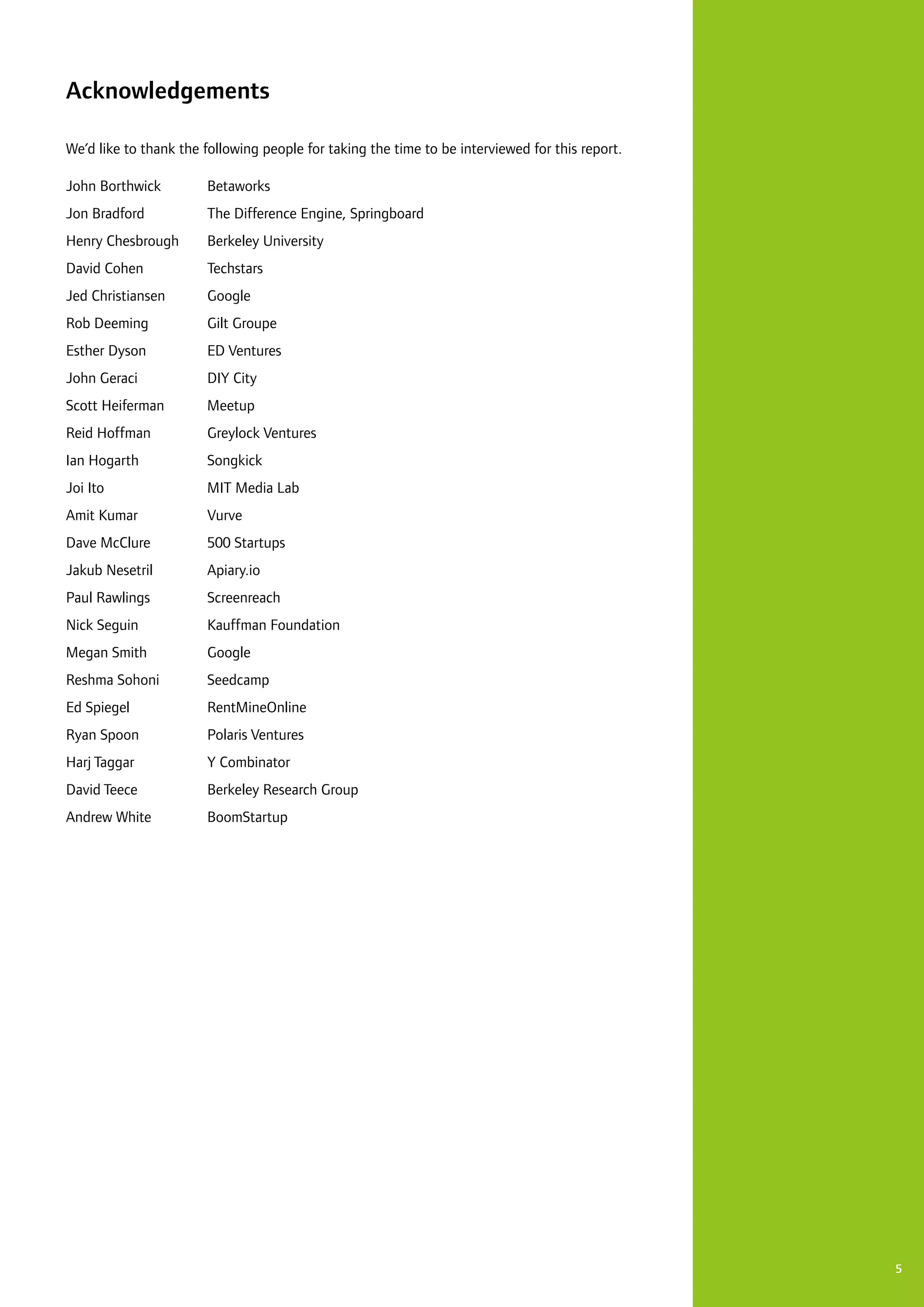 5
Acknowledgements
We’d like to thank the following people for taking the time to be interviewed for this report.
John Borthwick 		 Betaworks
Jon Bradford 		 The Difference Engine, Springboard
Henry Chesbrough 	 Berkeley University
David Cohen 		 Techstars
Jed Christiansen 		 Google
Rob Deeming	 	 Gilt Groupe
Esther Dyson 		 ED Ventures
John Geraci 		 DIY City
Scott Heiferman 		 Meetup
Reid Hoffman	 	 Greylock Ventures
Ian Hogarth 		 Songkick
Joi Ito		 MIT Media Lab
Amit Kumar 		 Vurve
Dave McClure 		 500 Startups
Jakub Nesetril	 	 Apiary.io
Paul Rawlings 		 Screenreach
Nick Seguin 		 Kauffman Foundation
Megan Smith 		 Google
Reshma Sohoni 		 Seedcamp
Ed Spiegel 		 RentMineOnline
Ryan Spoon		 Polaris Ventures
Harj Taggar 		 Y Combinator
David Teece 		 Berkeley Research Group
Andrew White		 BoomStartup
 