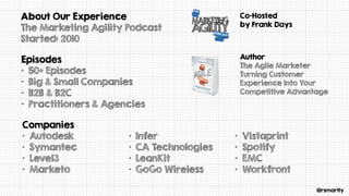 @rsmartly
About Our Experience
The Marketing Agility Podcast
Started: 2010
Episodes
• 50+ Episodes
• Big & Small Companies...