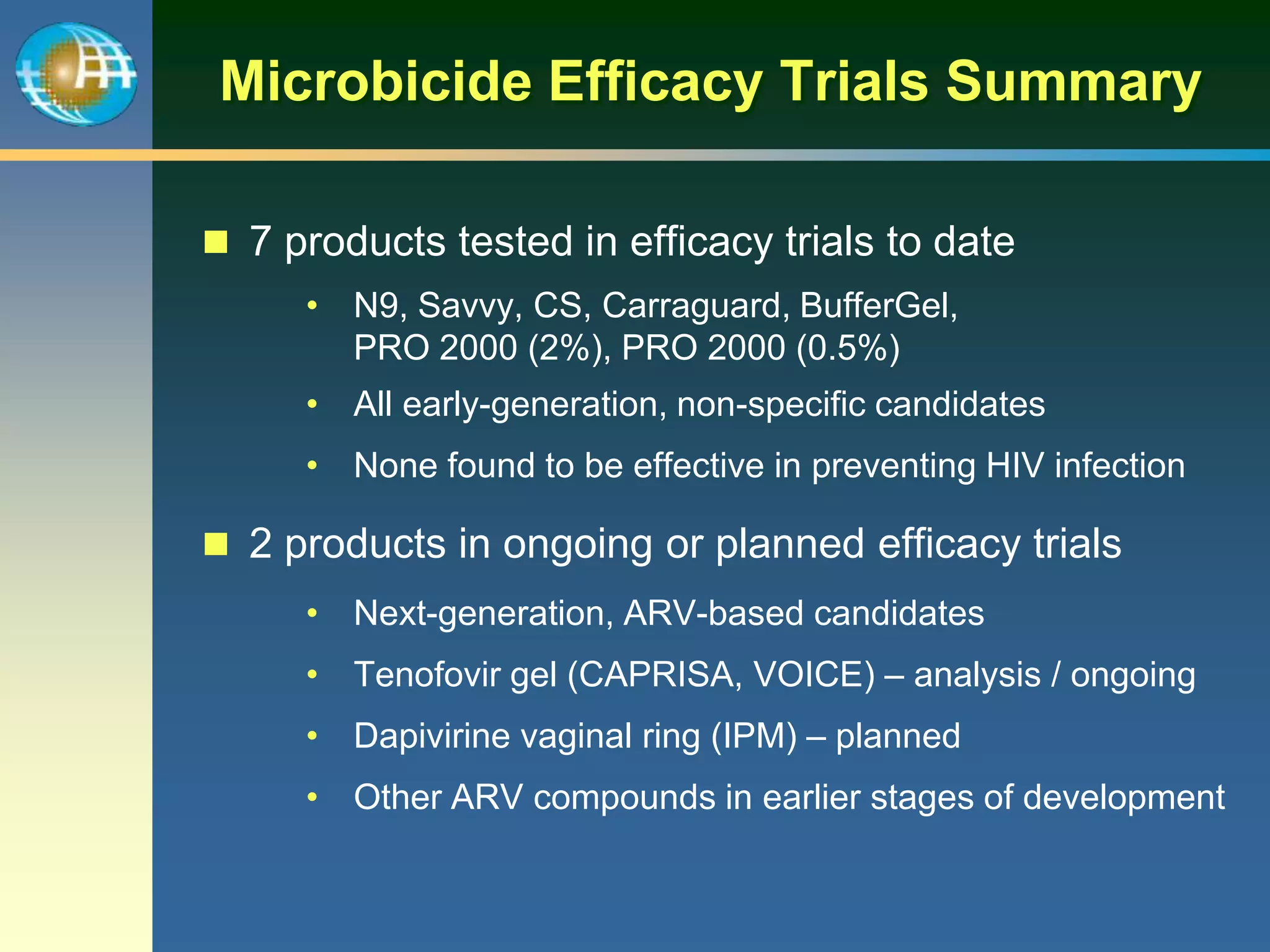 Microbicide Efficacy Trials Summary
 7 products tested in efficacy trials to date
• N9, Savvy, CS, Carraguard, BufferGel,
PRO 2000 (2%), PRO 2000 (0.5%)
• All early-generation, non-specific candidates
• None found to be effective in preventing HIV infection
 2 products in ongoing or planned efficacy trials
• Next-generation, ARV-based candidates
• Tenofovir gel (CAPRISA, VOICE) – analysis / ongoing
• Dapivirine vaginal ring (IPM) – planned
• Other ARV compounds in earlier stages of development
 