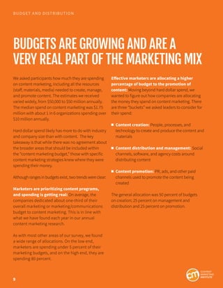 BUDGETS ARE GROWING AND ARE A
VERY REAL PART OF THE MARKETING MIX
BUDGET AND DISTRIBUTION
We asked participants how much t...