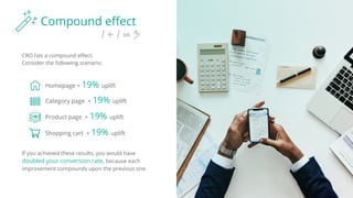 Compound eﬀect
1 + 1 = 3
CRO has a compound eﬀect.
Consider the following scenario:
Homepage + 19% uplift
Category page + 19% uplift
Product page + 19% uplift
Shopping cart + 19% uplift
If you achieved these results, you would have
doubled your conversion rate, because each
improvement compounds upon the previous one.
 