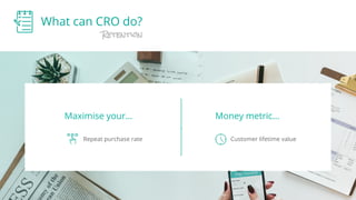 What can CRO do?
Retention
Customer lifetime value
Money metric...
Repeat purchase rate
Maximise your…
 