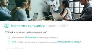 Ecommerce companies: mature at CRO?
63% lack a structured optimisation process*
It’s critical to have a framework, otherwise you’re winging it
74% of CRO’ers say that a structured approach to conversion improved their sales.*
* Source: Econsultancy 2018 Optimisation Report
 