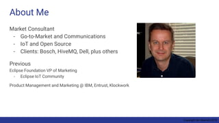 Copyright Ian Skerrett 2019
About Me
Market Consultant
- Go-to-Market and Communications
- IoT and Open Source
- Clients: Bosch, HiveMQ, Dell, plus others
Previous
Eclipse Foundation VP of Marketing
- Eclipse IoT Community
Product Management and Marketing @ IBM, Entrust, Klockwork
 