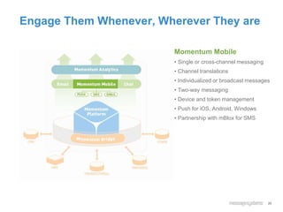 Engage Them Whenever, Wherever They are
26
Momentum Mobile
• Single or cross-channel messaging
• Channel translations
• Individualized or broadcast messages
• Two-way messaging
• Device and token management
• Push for iOS, Android, Windows
• Partnership with mBlox for SMS
 