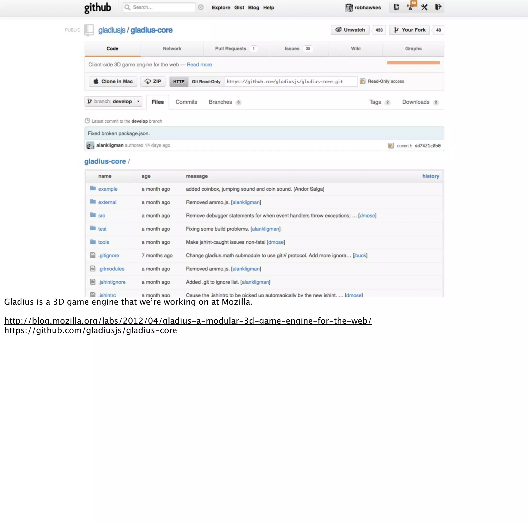 Gladius is a 3D game engine that we’re working on at Mozilla.

http://blog.mozilla.org/labs/2012/04/gladius-a-modular-3d-game-engine-for-the-web/
https://github.com/gladiusjs/gladius-core
 
