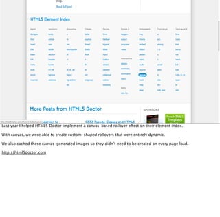 Last year I helped HTML5 Doctor implement a canvas-based rollover effect on their element index.

With canvas, we were able to create custom-shaped rollovers that were entirely dynamic.

We also cached these canvas-generated images so they didn’t need to be created on every page load.

http://html5doctor.com
 