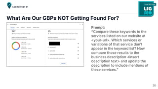 What Are Our GBPs NOT Getting Found For?
Prompt:
“Compare these keywords to the
services listed on our website at
<your-url>. Which services or
variations of that service donʼt
appear in the keyword list? Now
compare those results to the
business description <insert
description text> and update the
description to include mentions of
these services.ˮ
30
LMFAO TEST #1
 