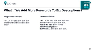 What If We Add More Keywords To Biz Descriptions?
Original Description:
“XYZ is the best blah blah blah
blah blah blah blah in blah blah
blahˮ
Test Description:
“XYZ is the best blah blah blah blah
blah blah blah in blah blah blah.
We're the best place to rent
construction job site
bathrooms…blah blah blah blah.
31
LMFAO TEST #1
 