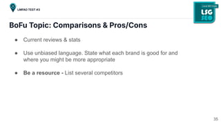 BoFu Topic: Comparisons & Pros/Cons
35
LMFAO TEST #3
● Current reviews & stats
● Use unbiased language. State what each brand is good for and
where you might be more appropriate
● Be a resource - List several competitors
 