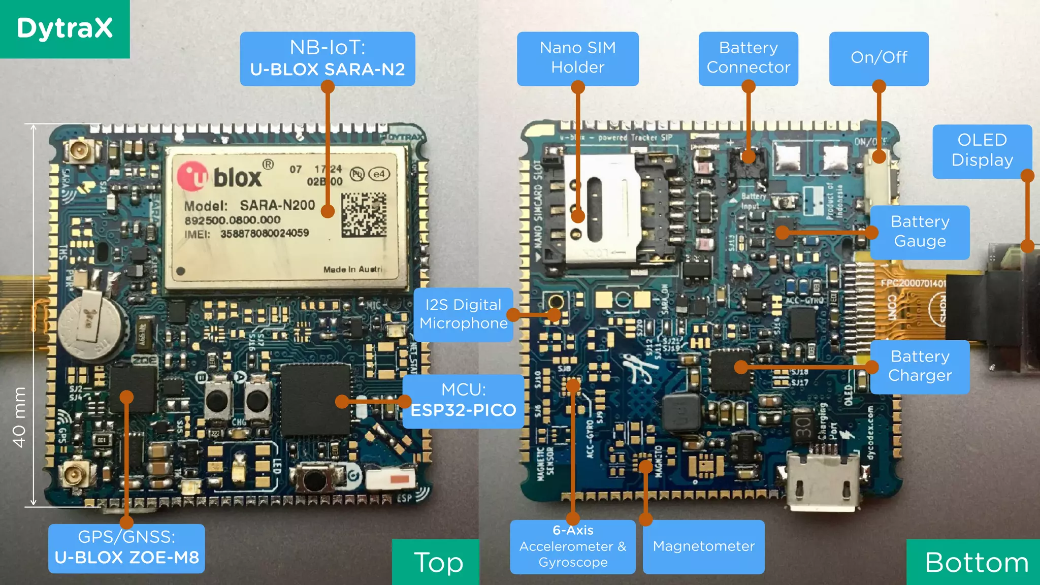 DytraX
Top Bottom
NB-IoT:  
U-BLOX SARA-N2
MCU:  
ESP32-PICO
GPS/GNSS:  
U-BLOX ZOE-M8
Battery
Charger
Battery
Gauge
6-Axis
Accelerometer &
Gyroscope
OLED
Display
Battery
Connector
Nano SIM 
Holder
I2S Digital  
Microphone
40mm
On/Off
Magnetometer
 