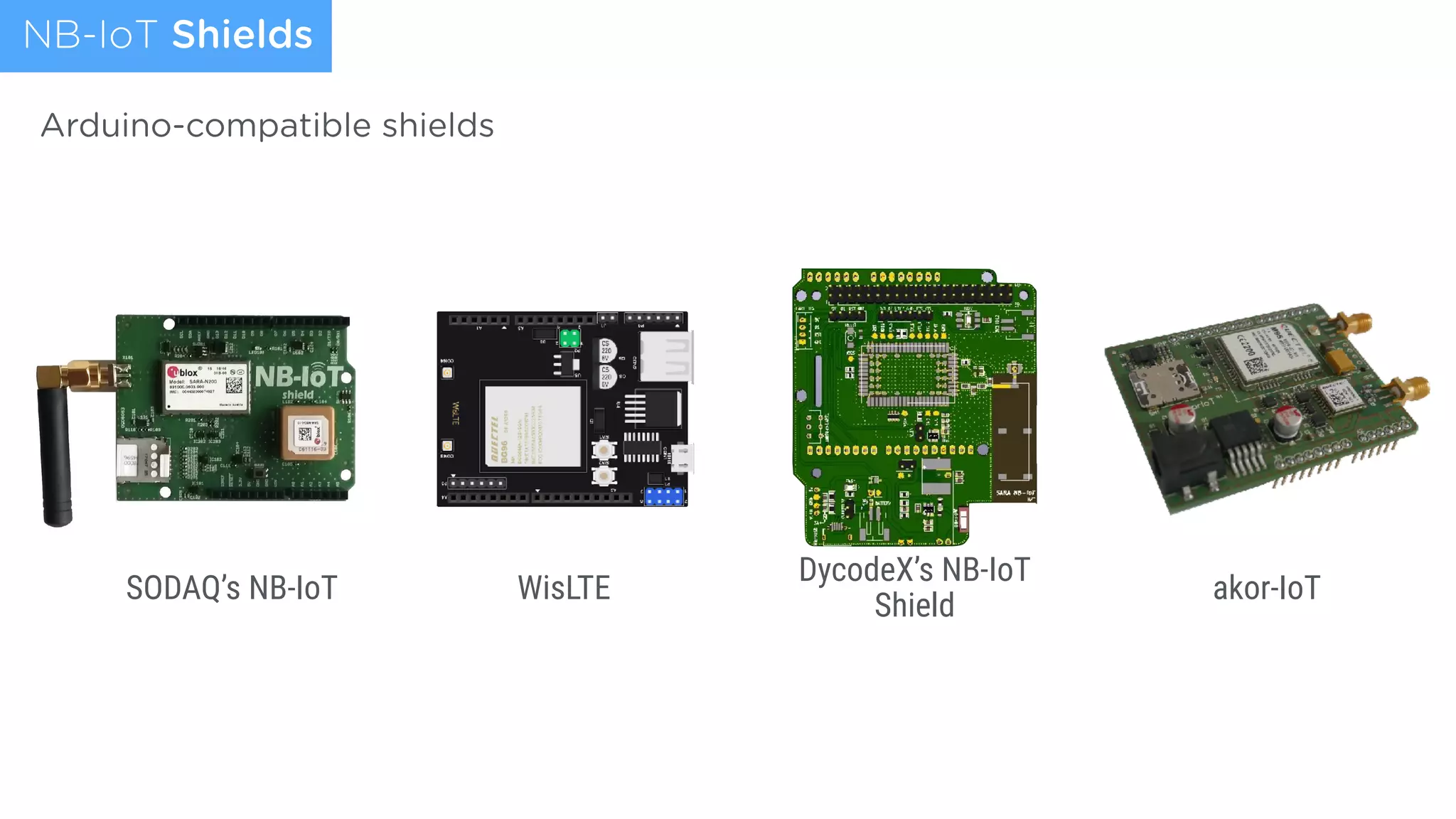 NB-IoT Shields
SODAQ’s NB-IoT WisLTE
DycodeX’s NB-IoT
Shield
akor-IoT
Arduino-compatible shields
 