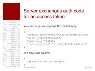 Server exchanges auth code
for an access token
Your server gets a response like the following

{
    "access_token":"RsT5OjbzRn430zqMLgV3Ia",
    "token_type":"bearer",
    "expires_in":3600,
    "refresh_token":"e1qoXg7Ik2RRua48lXIV"
}

or if there was an error

{
    "error":"invalid_request"
}
aaron.pk/oauth2                                  @aaronpk
 