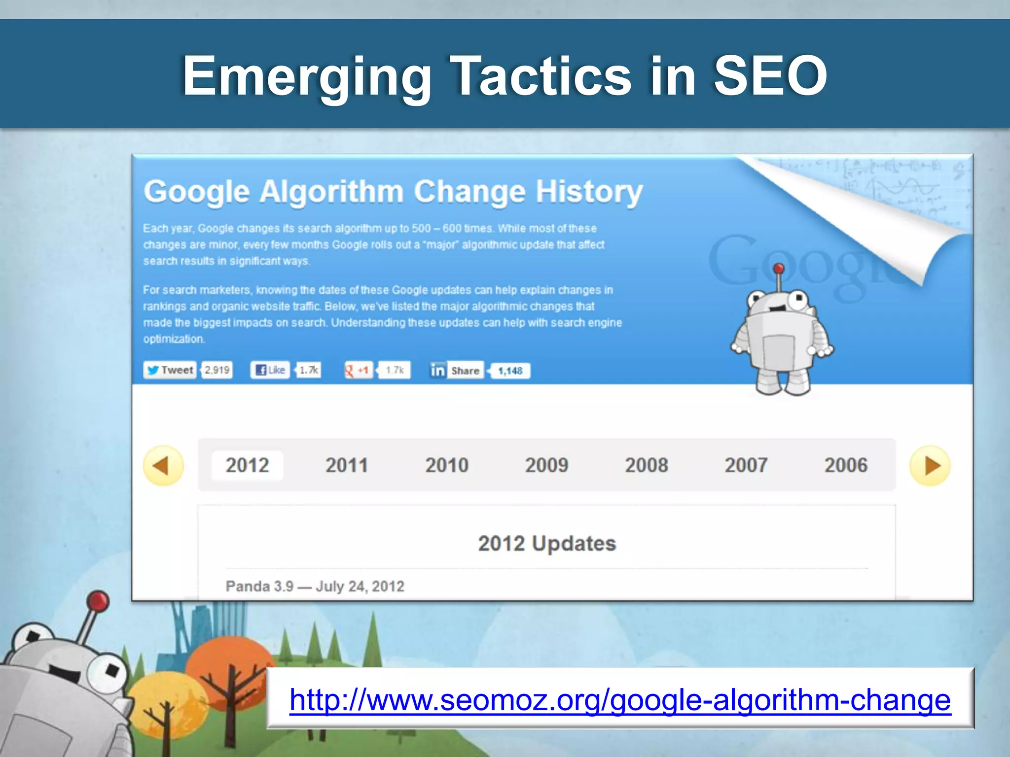 Emerging Tactics in SEO




   http://www.seomoz.org/google-algorithm-change
 