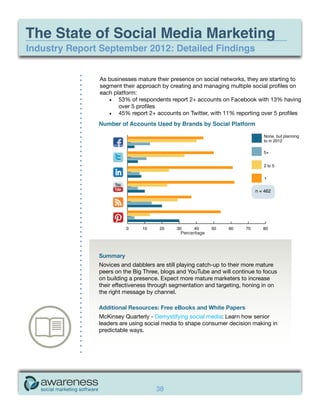 The State of Social Media Marketing
Industry Report September 2012: Detailed Findings


               As businesses mature their presence on social networks, they are starting to
               segment their approach by creating and managing multiple social profiles on
               each platform:
                  •	 53% of respondents report 2+ accounts on Facebook with 13% having
                      over 5 profiles
                  •	 45% report 2+ accounts on Twitter, with 11% reporting over 5 profiles




                                              Percentage



               Summary
               Novices and dabblers are still playing catch-up to their more mature
               peers on the Big Three, blogs and YouTube and will continue to focus
               on building a presence. Expect more mature marketers to increase
               their effectiveness through segmentation and targeting, honing in on
               the right message by channel.

               Additional Resources: Free eBooks and White Papers
               McKinsey Quarterly - Demystifying social media: Learn how senior
               leaders are using social media to shape consumer decision making in
               predictable ways.




                                    38
 