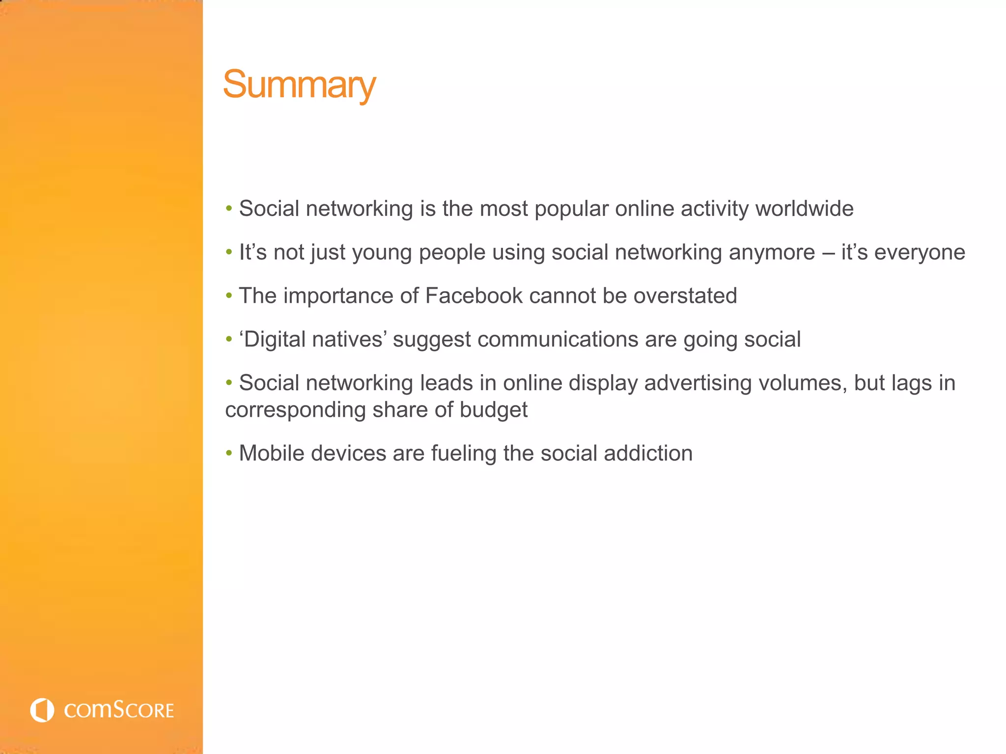 Summary


• Social networking is the most popular online activity worldwide
• It‟s not just young people using social networking anymore – it‟s everyone
• The importance of Facebook cannot be overstated
• „Digital natives‟ suggest communications are going social
• Social networking leads in online display advertising volumes, but lags in
corresponding share of budget
• Mobile devices are fueling the social addiction
 