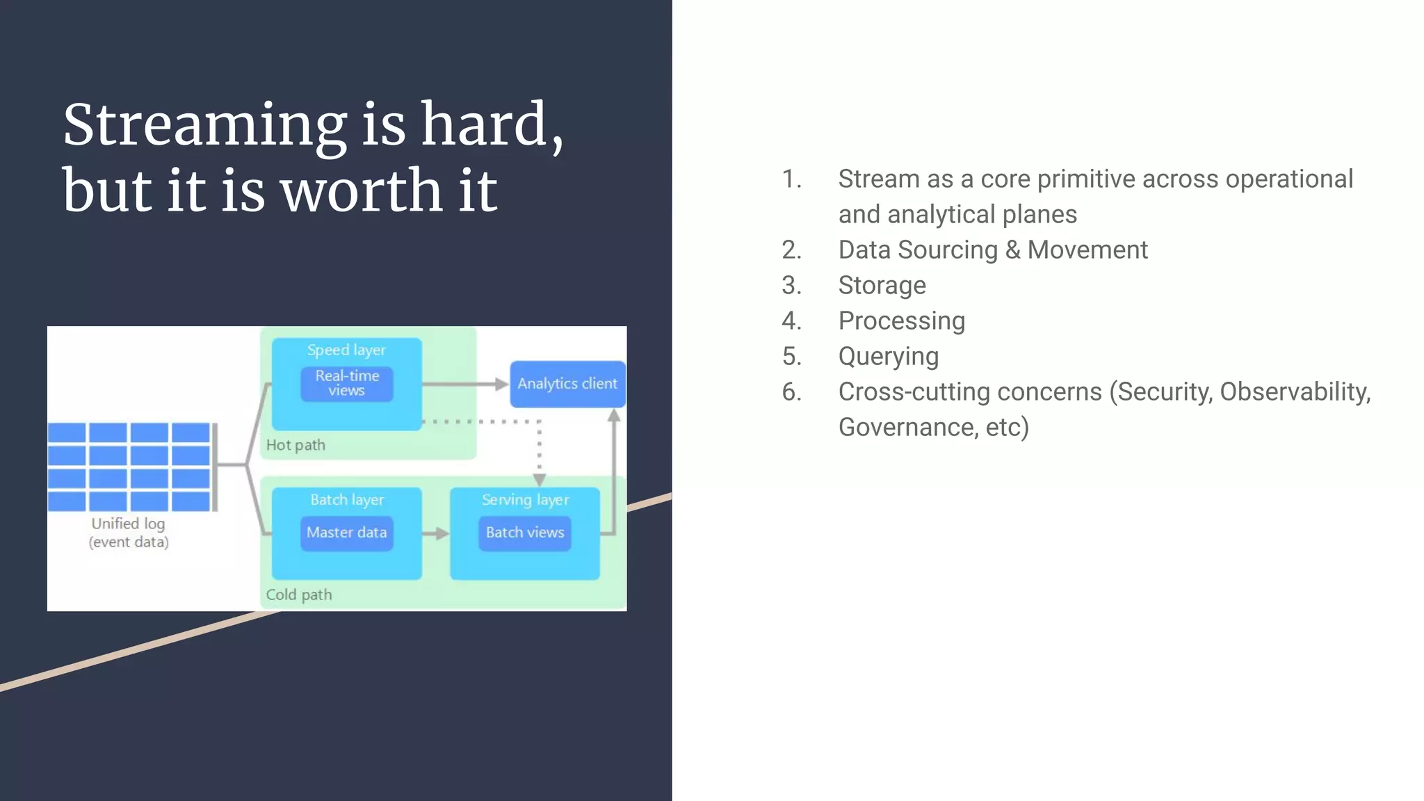 Streaming is hard,
but it is worth it 1. Stream as a core primitive across operational
and analytical planes
2. Data Sourcing & Movement
3. Storage
4. Processing
5. Querying
6. Cross-cutting concerns (Security, Observability,
Governance, etc)
 