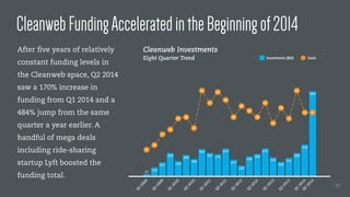 CleanwebFundingAcceleratedintheBeginningof2014
After five years of relatively
constant funding levels in
the Cleanweb spac...