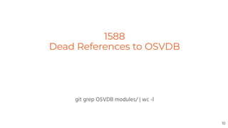 1588
Dead References to OSVDB
git grep OSVDB modules/ | wc -l
10
 