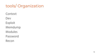 tools/ Organization
Context
Dev
Exploit
Memdump
Modules
Password
Recon
14
 