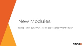 New Modules
git log --since 2015-09-26 --name-status | grep '^As*modules'
 