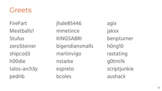 Greets
FireFart
Meatballs1
Stufus
zeroSteiner
shipcod3
h00die
talos-arch3y
pedrib
51
jhale85446
mmetince
KINGSABRI
bigendiansmalls
martinvigo
nstarke
espreto
bcoles
agix
jakxx
benpturner
h0ng10
rastating
g0tmi1k
scriptjunkie
aushack
 