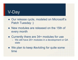 V-Day
●  Our release cycle, modeled on Microsoft’s
Patch Tuesday :)
●  New modules are released on the 15th of
every month
●  Currently there are 34+ modules for use
○  We still have 20+ modules in a development or QA
state
●  We plan to keep #avloling for quite some
time
 