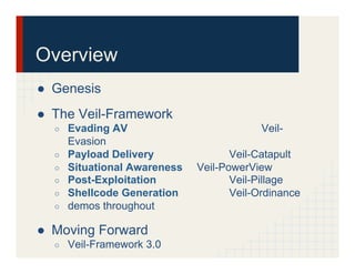 Overview
●  Genesis
●  The Veil-Framework
○  Evading AV Veil-
Evasion
○  Payload Delivery Veil-Catapult
○  Situational Awareness Veil-PowerView
○  Post-Exploitation Veil-Pillage
○  Shellcode Generation Veil-Ordinance
○  demos throughout
●  Moving Forward
○  Veil-Framework 3.0
 