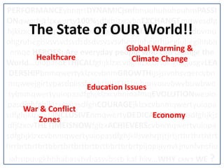 The State of OUR World!! Global Warming & Climate Change Healthcare Education Issues War & Conflict Zones Economy 